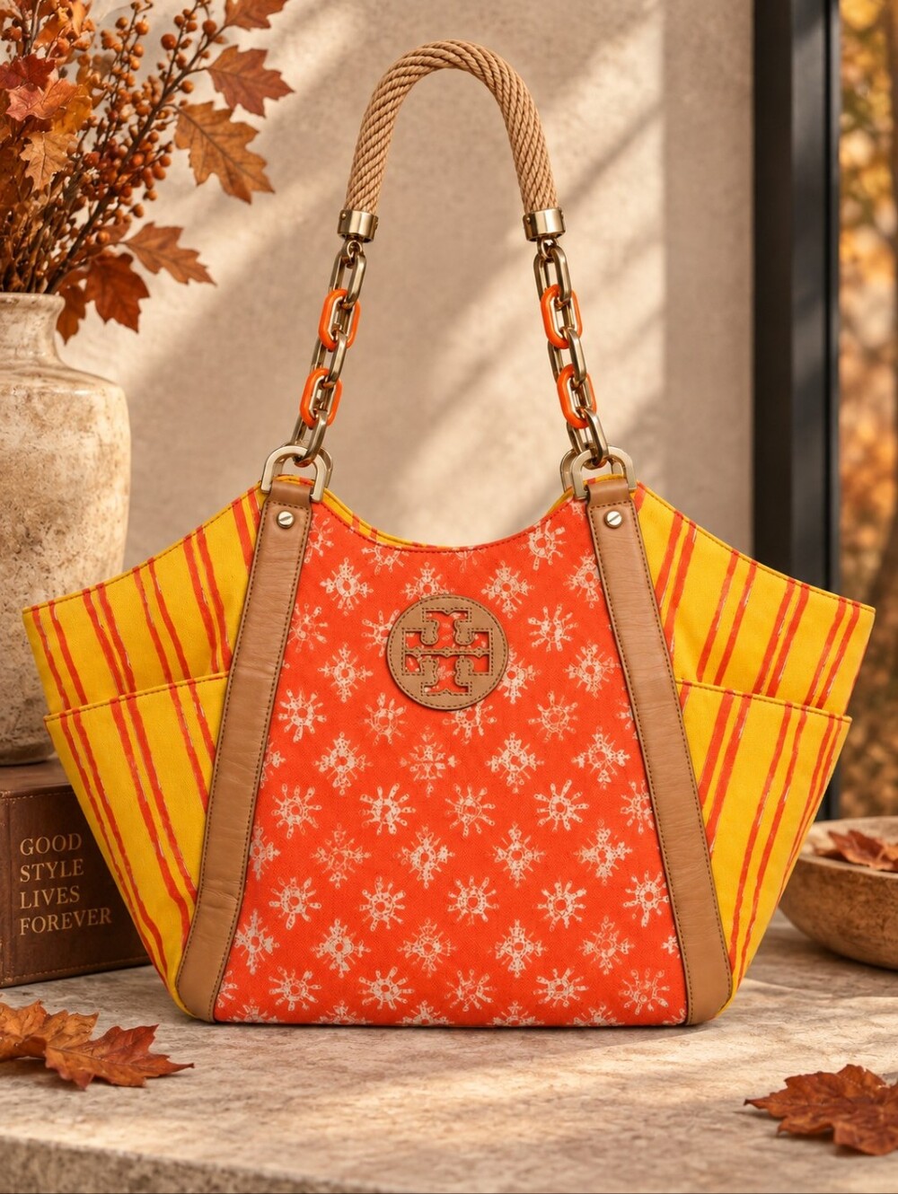 Tory Burch Canvas Leather Shoulder Tote Rope Chain Orange Yellow Large 20.75"